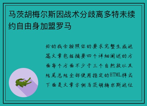 马茨胡梅尔斯因战术分歧离多特未续约自由身加盟罗马